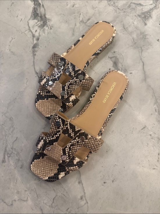 Veronica Beard Shoes - Veronica Beard Tan and Black Snake-Print Slide Sandals
